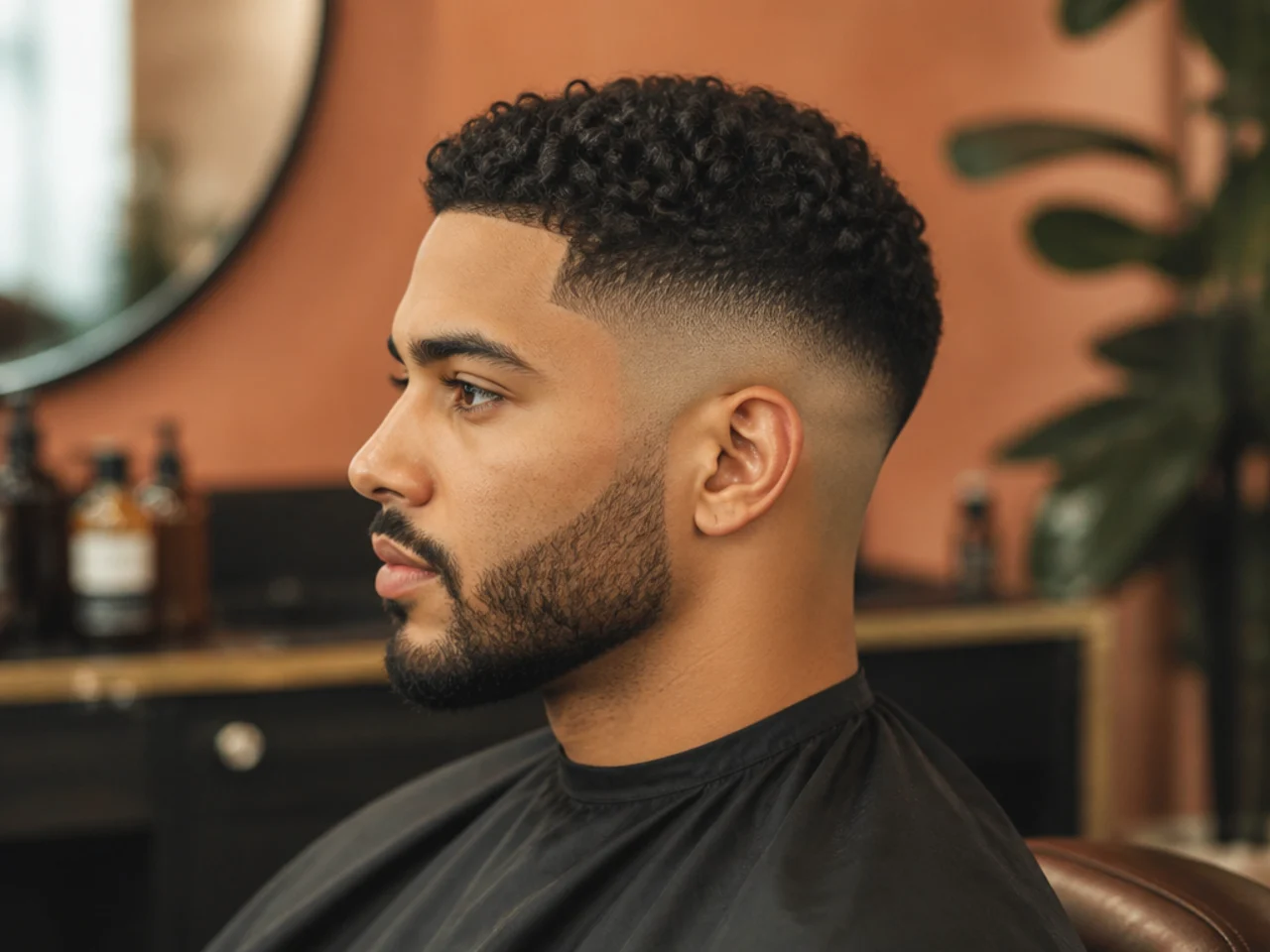 Barber sharpening the line-up on a fresh fade with a straight razor while the client checks the mirror