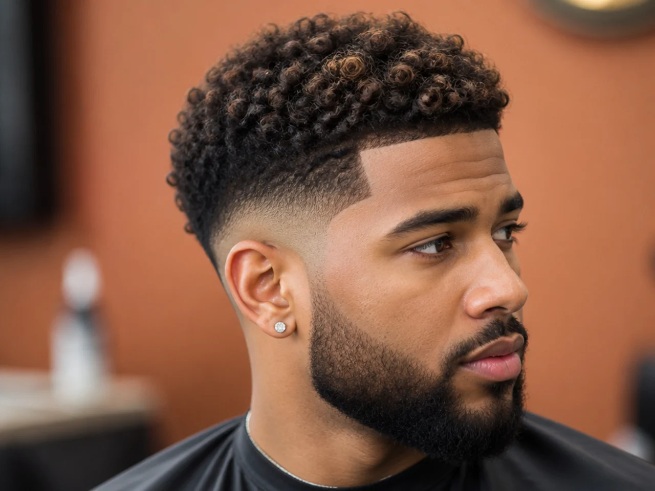 Barber and client seated in a modern Black-owned barbershop discussing a fade reference photo on a phone