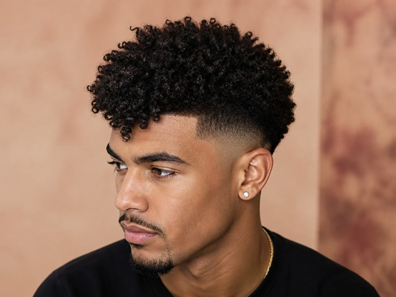 Drop fade curving behind the ear with a V-shape coily fringe on 4A hair
