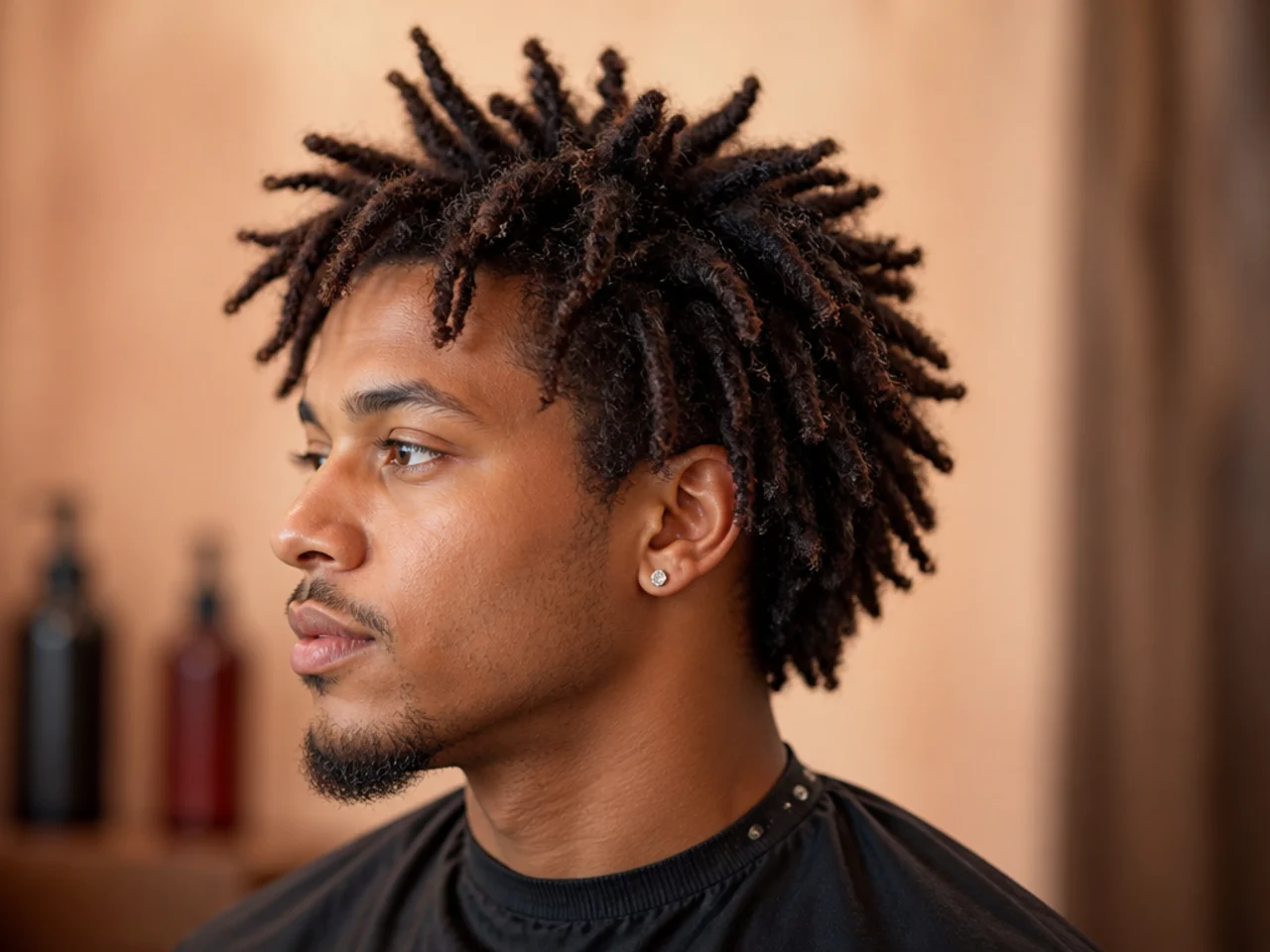 Budding freeform locs on 4B hair at twelve months of growth with a low taper fade at the sides