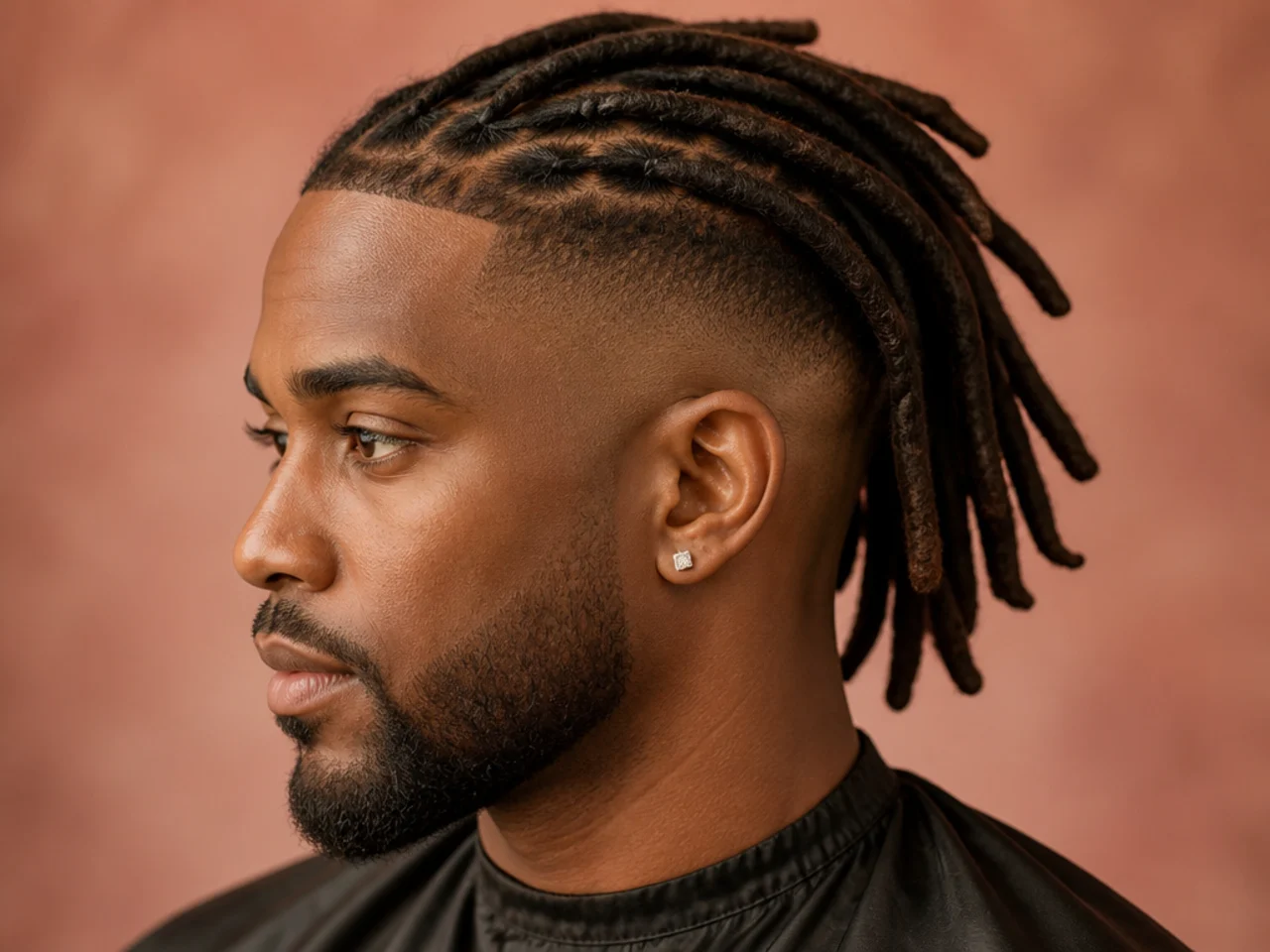 Mature shoulder-length retwisted locs with a bald fade at the sides and sharp line-up