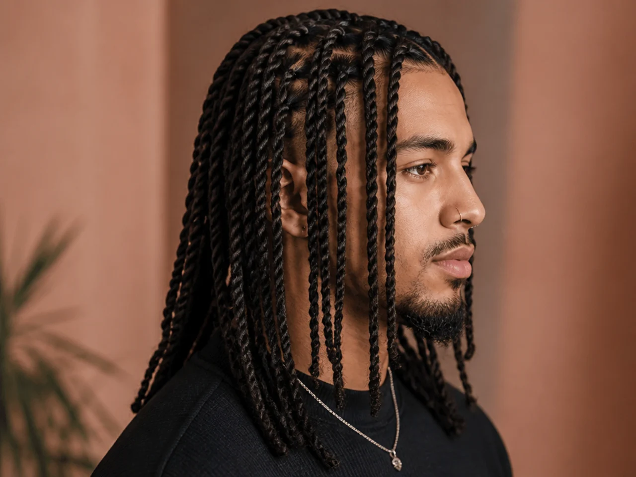 Long two-strand twists on 4B hair falling to the shoulders with a bald fade at the sides