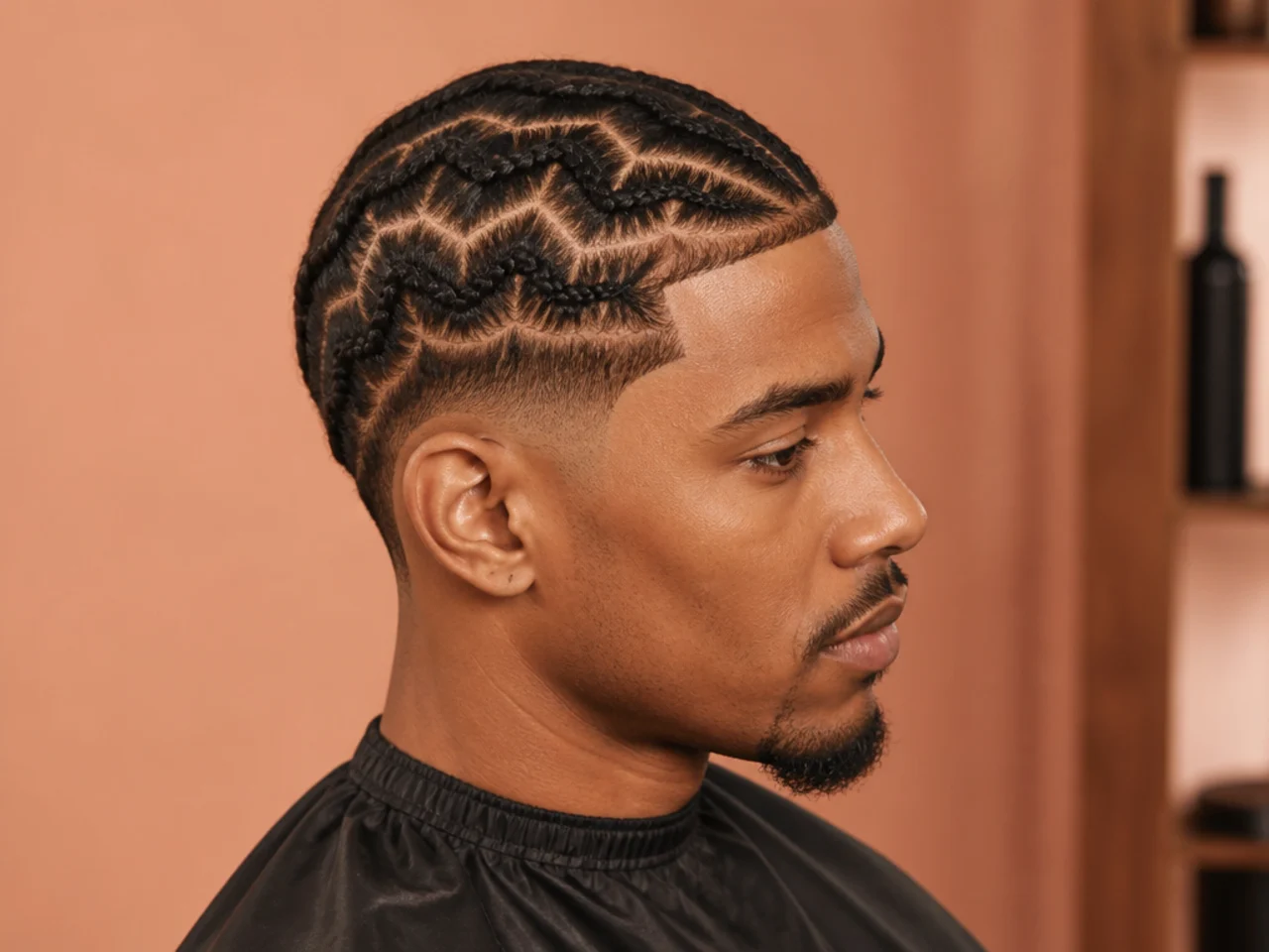 Zigzag cornrow pattern on 4B hair with a low taper fade at the sides and clean line-up