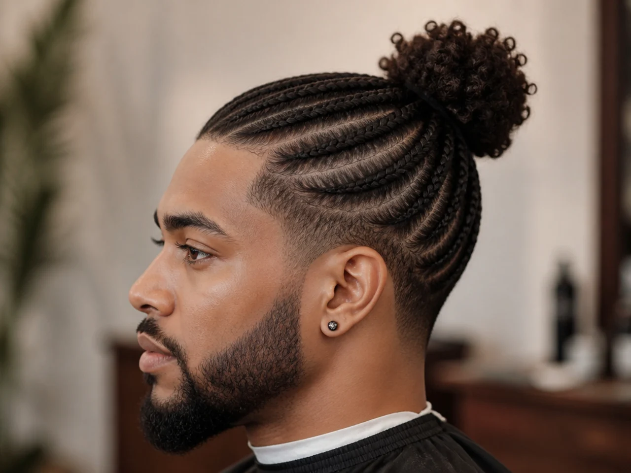 Cornrows braided from the forehead into a knotted bun at the crown on 4C hair