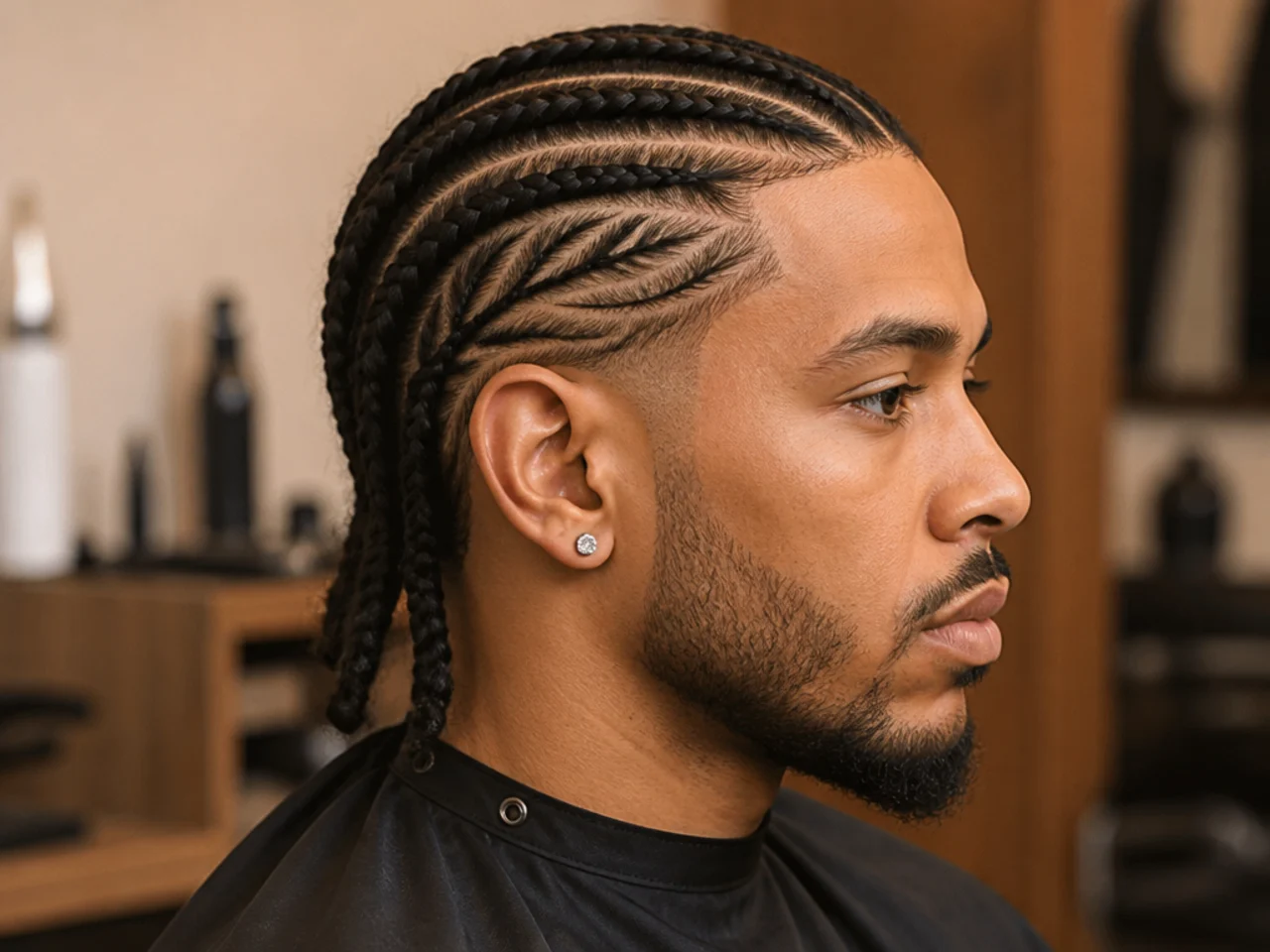 Feed-in cornrows in a curved design pattern on 4B hair with a bald fade at the sides