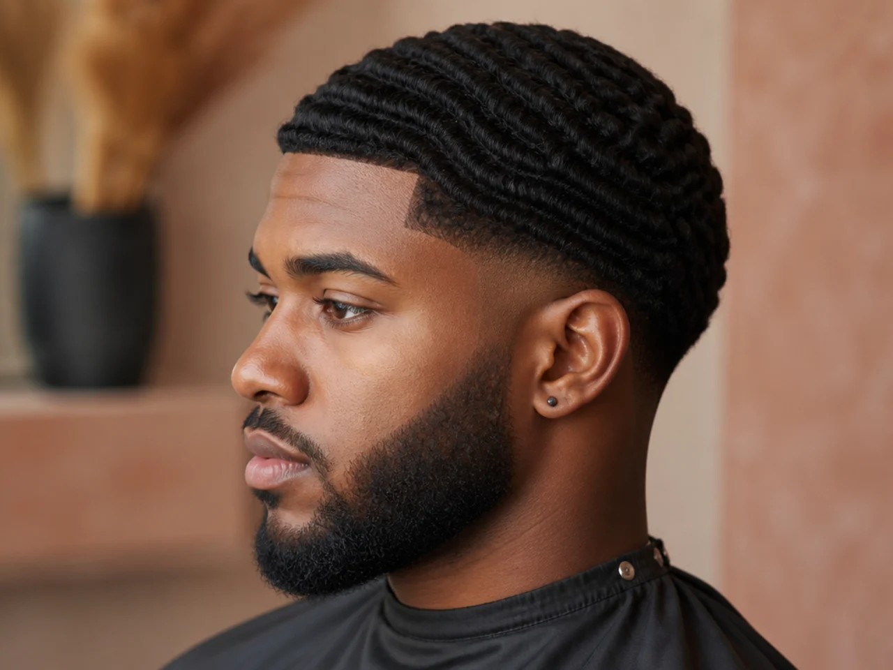 Deep 720 ripple waves with a mid taper fade blending seamlessly into a full beard on 4A hair