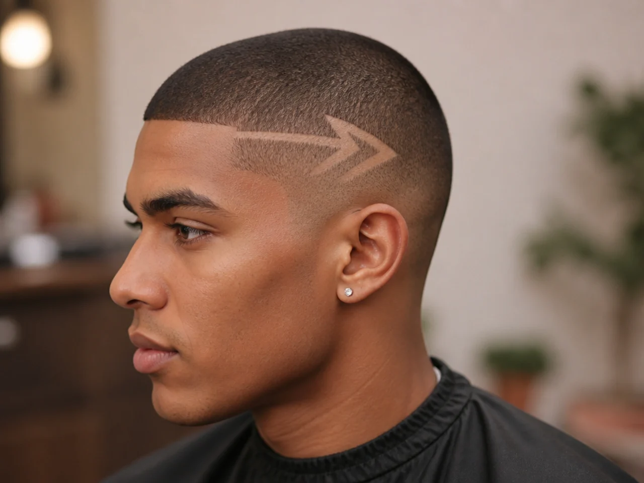 Buzz cut with a razored arrow design in the side panel on 4A texture and clean line-up
