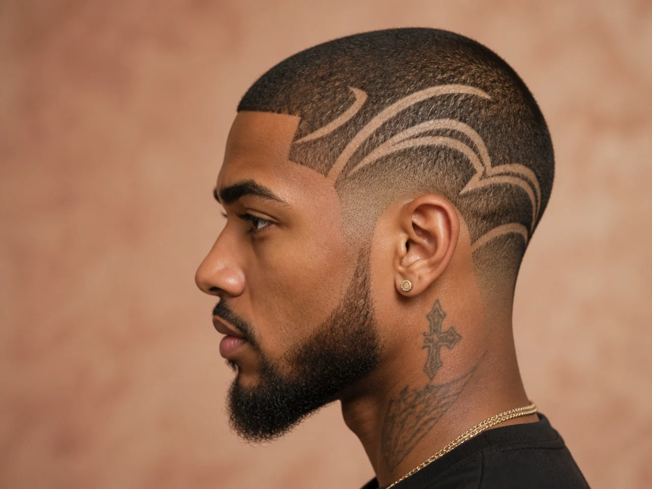 Buzz cut with a full razored geometric hair design wrapping from temple to nape on 4A texture