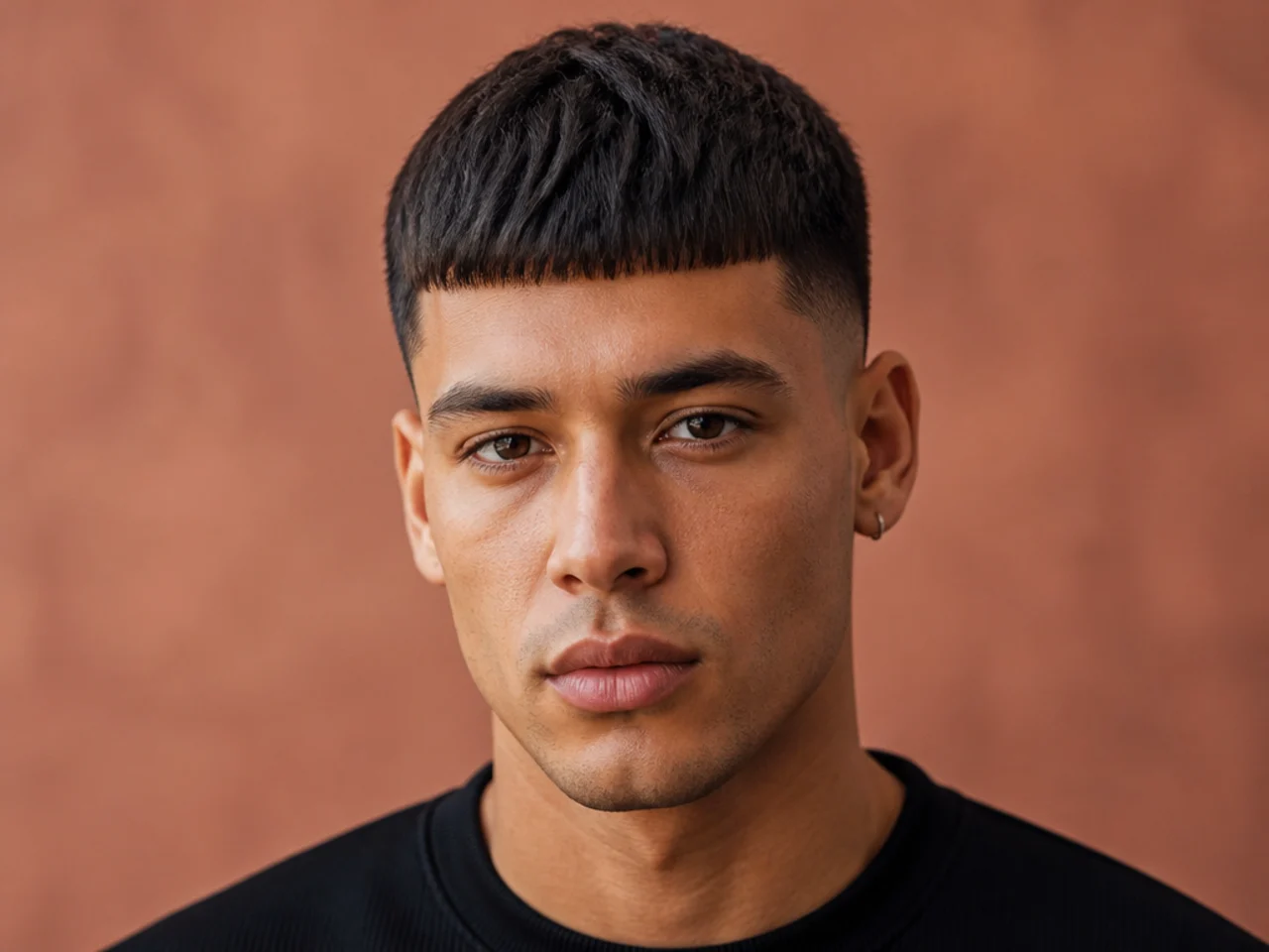 Classic short ceaser cut with even one-inch texture and a hard blunt fringe cut straight across at the forehead