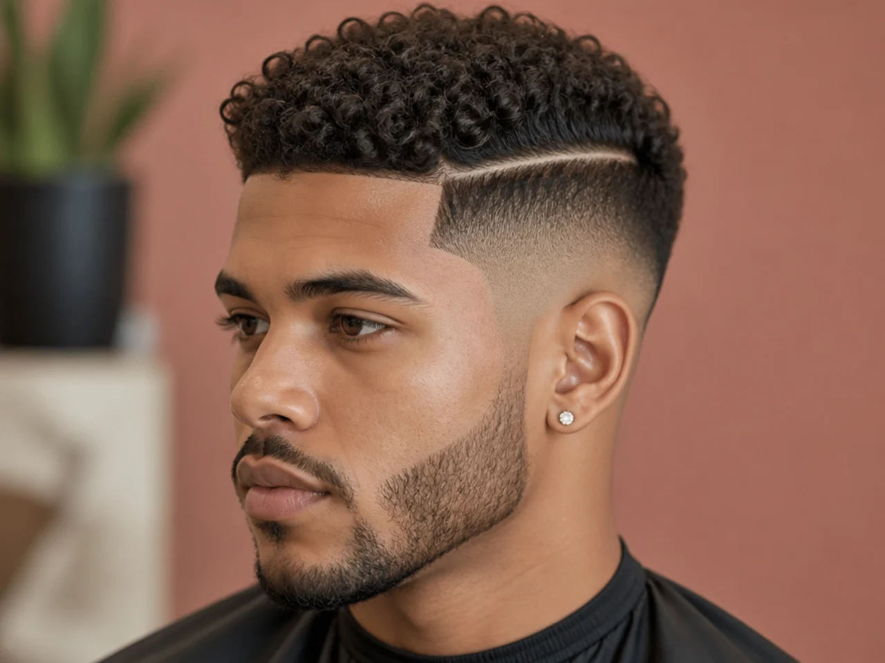 Short curly top on 4A hair with a razored hard side part and low taper fade