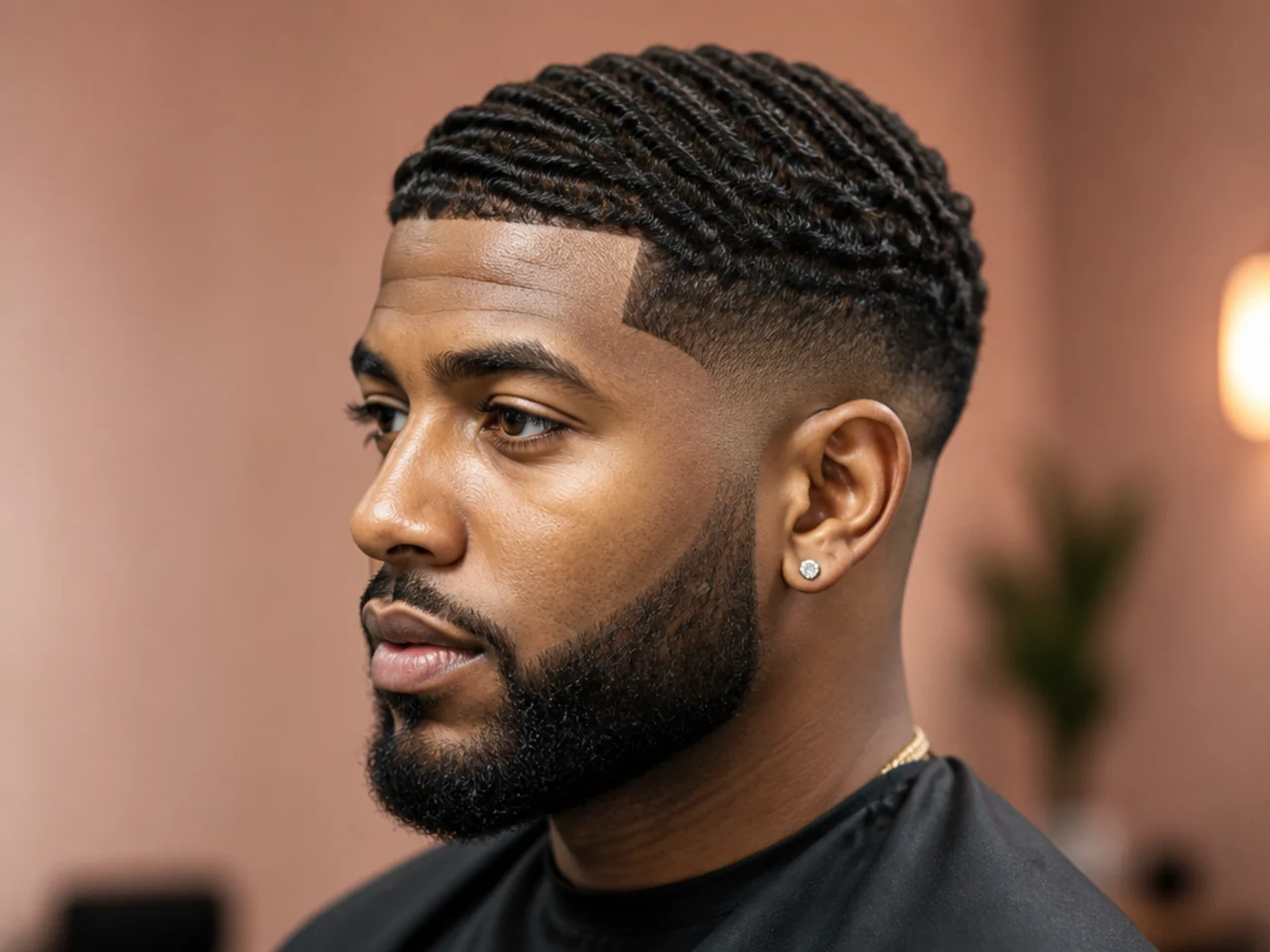360 waves paired with a beard fade that blends seamlessly from the sideburn into the wave pattern on 4A hair