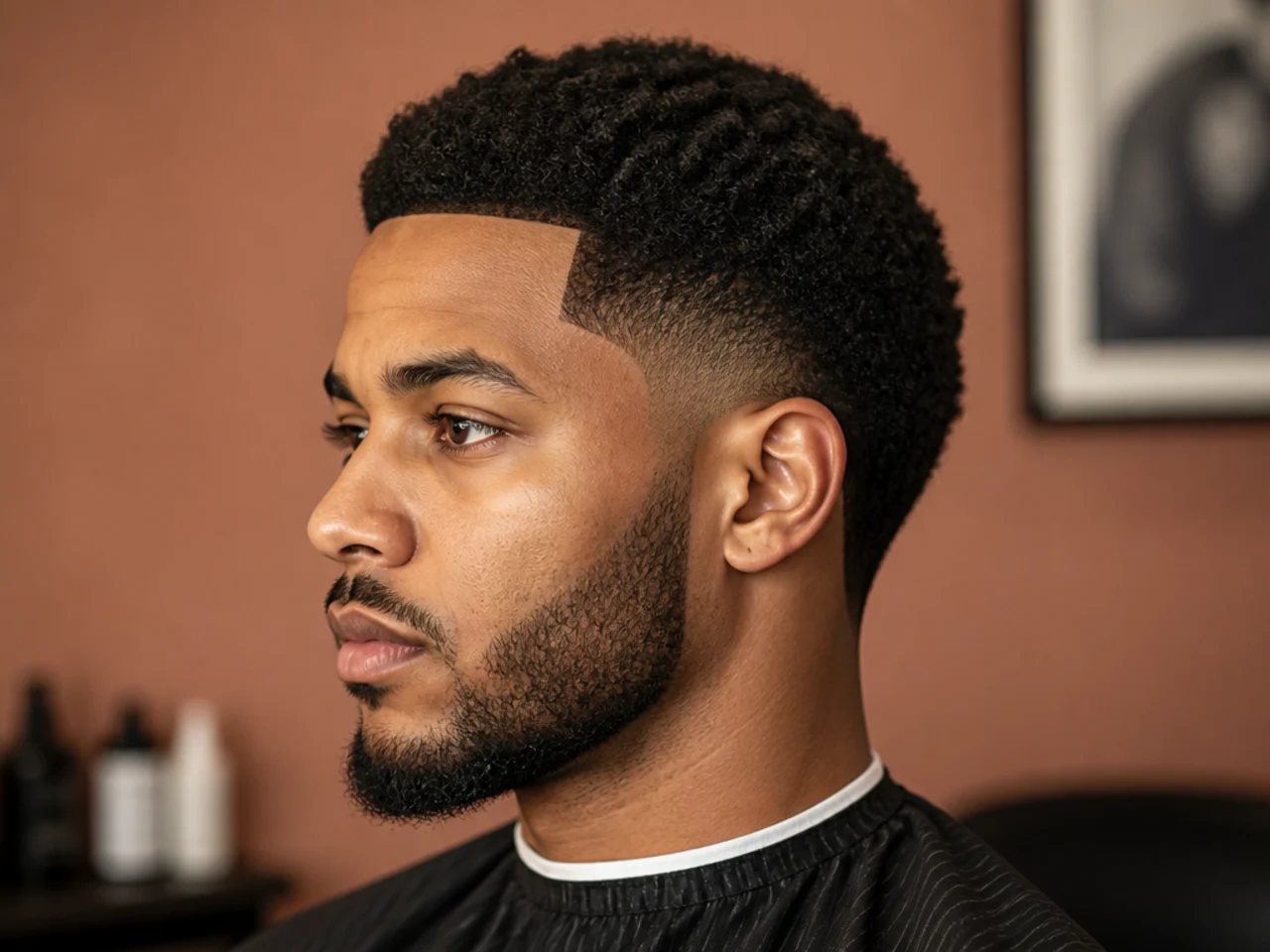 Freshly shaped-up line-up on grown-in natural 4B hair with sharp razor edges at the forehead and temples