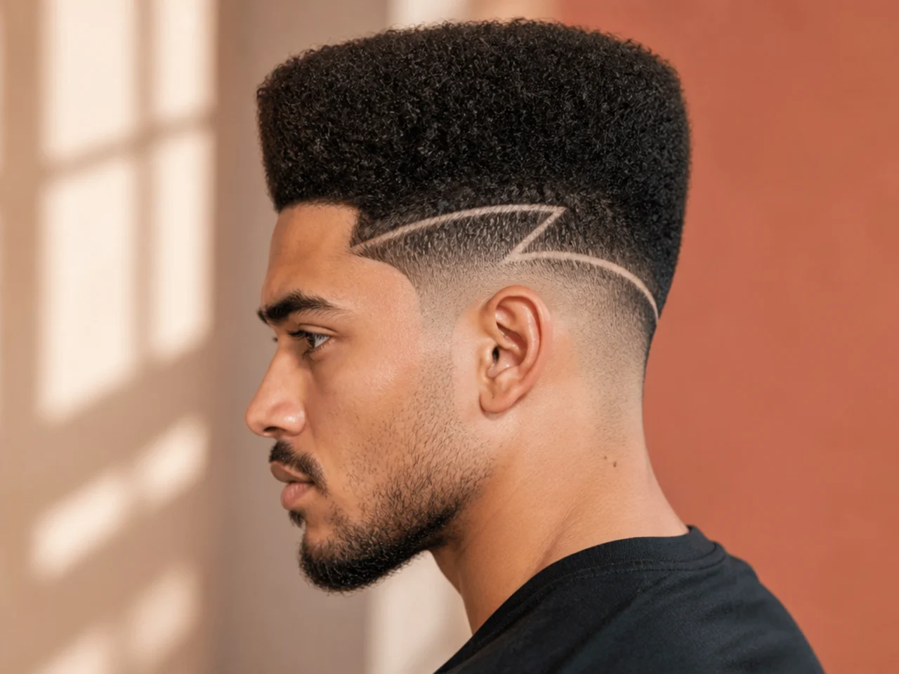 High top with a bold geometric razor design running across both side panels on 4B hair