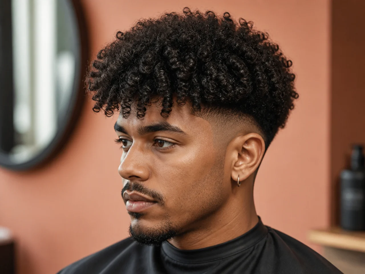 Broccoli-style curly top on 4A hair with a low taper fade at the sides and clean line-up