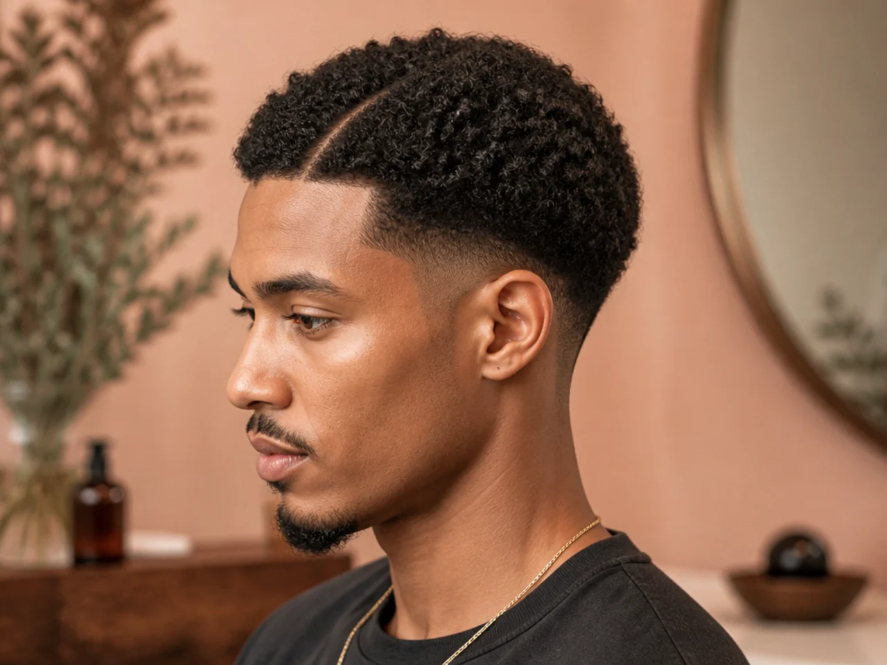 Coily middle-part hairstyle with 4A texture falling on both sides of a natural center part and low taper fade