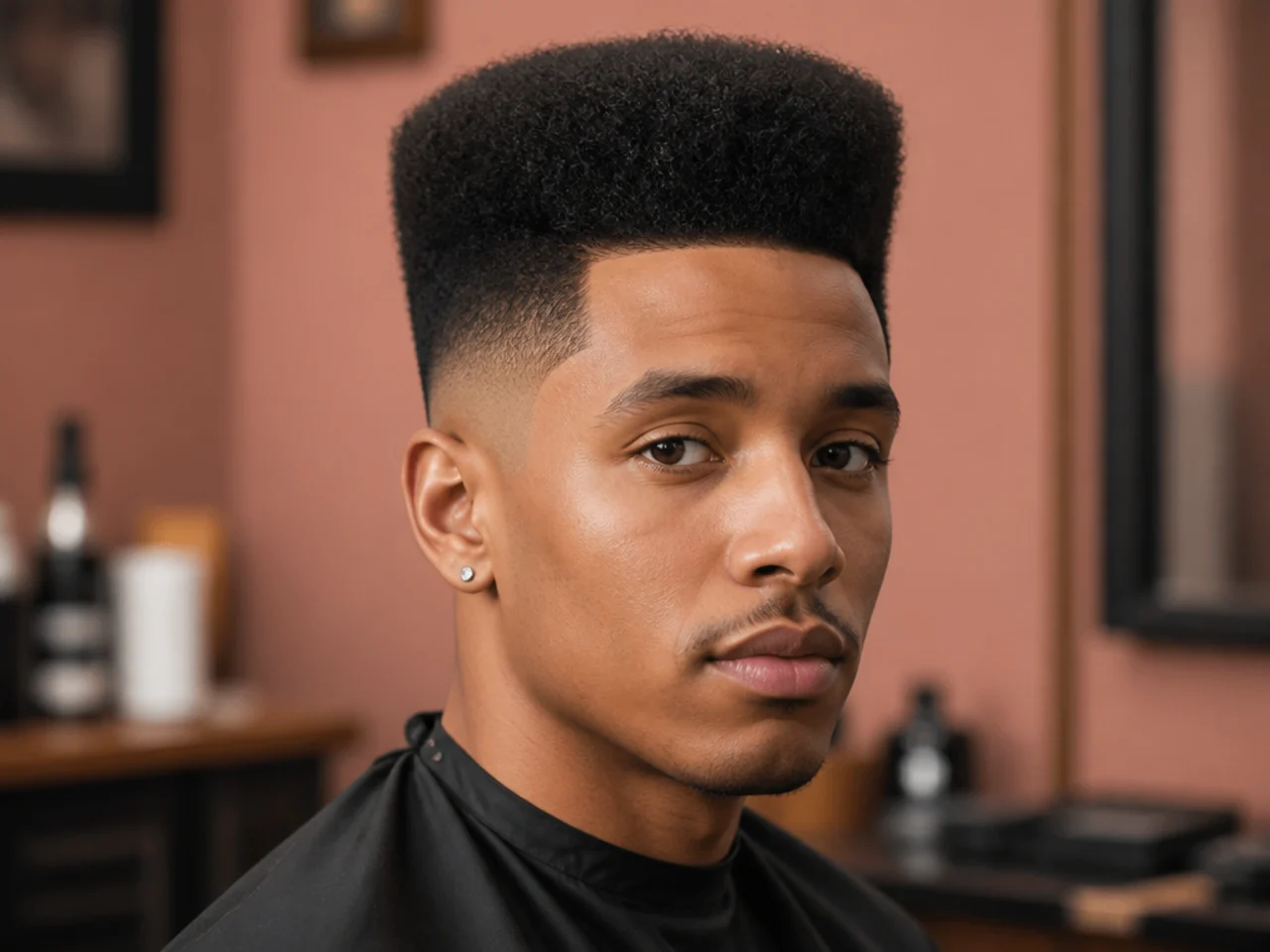Classic squared-off high top fade with six inches of 4C texture standing tall and mid skin fade at the sides