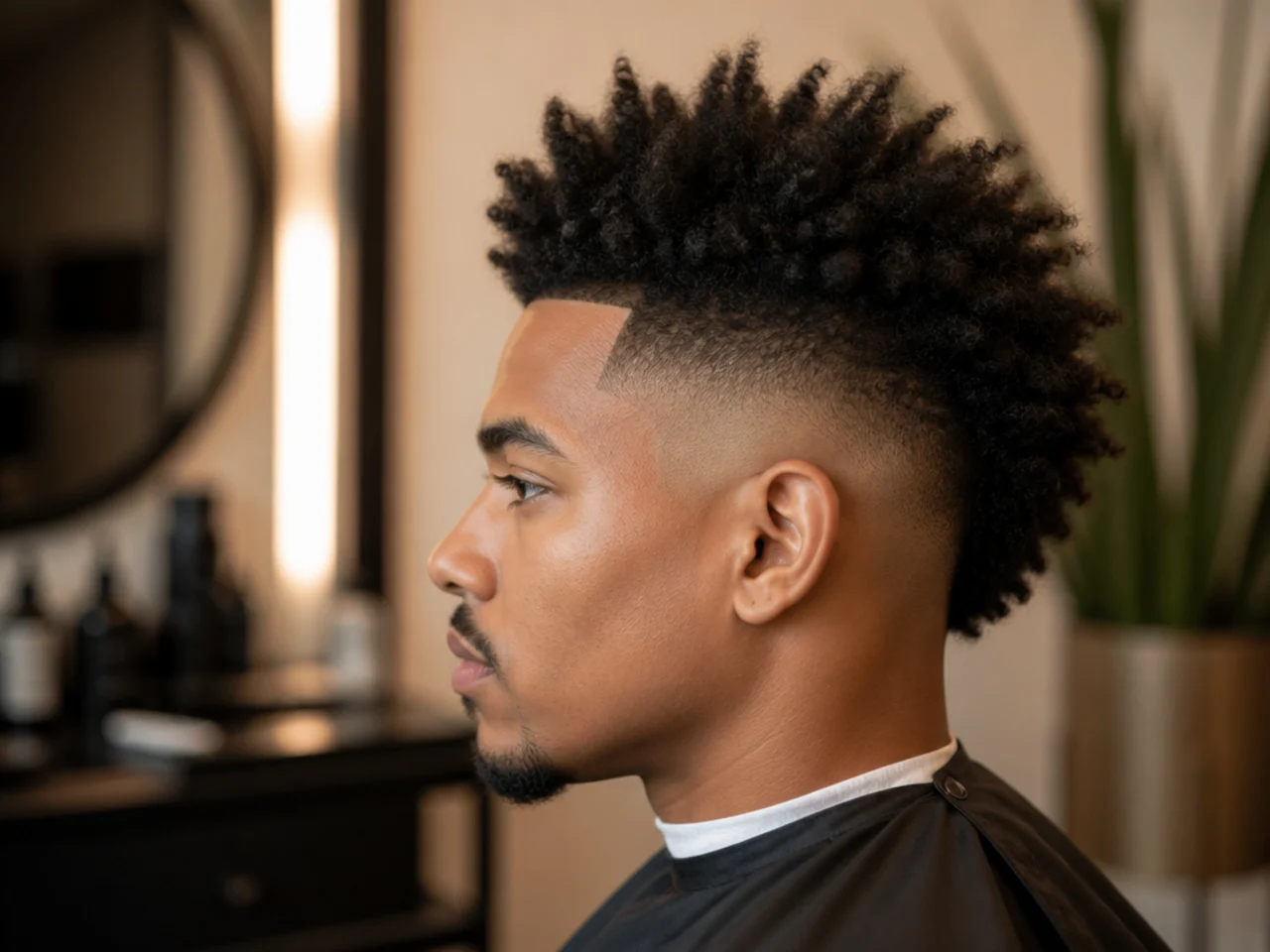 Curly frohawk on 4B texture with a burst fade curving around each ear and sharp line-up