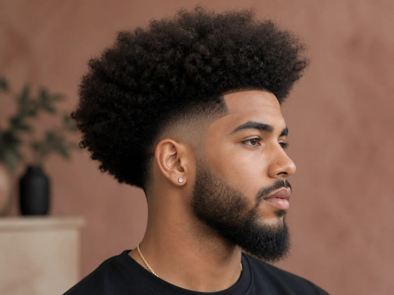 Blown-out natural afro on 4B hair with a mid fade at the sides and clean line-up