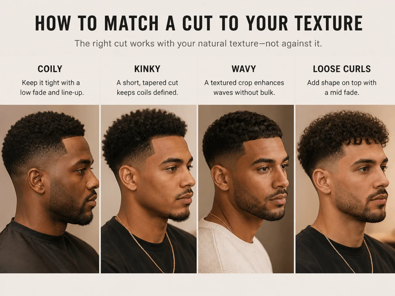 Three Black men with 4A waves, 4B coils, and 4C locs modeling three different modern haircuts