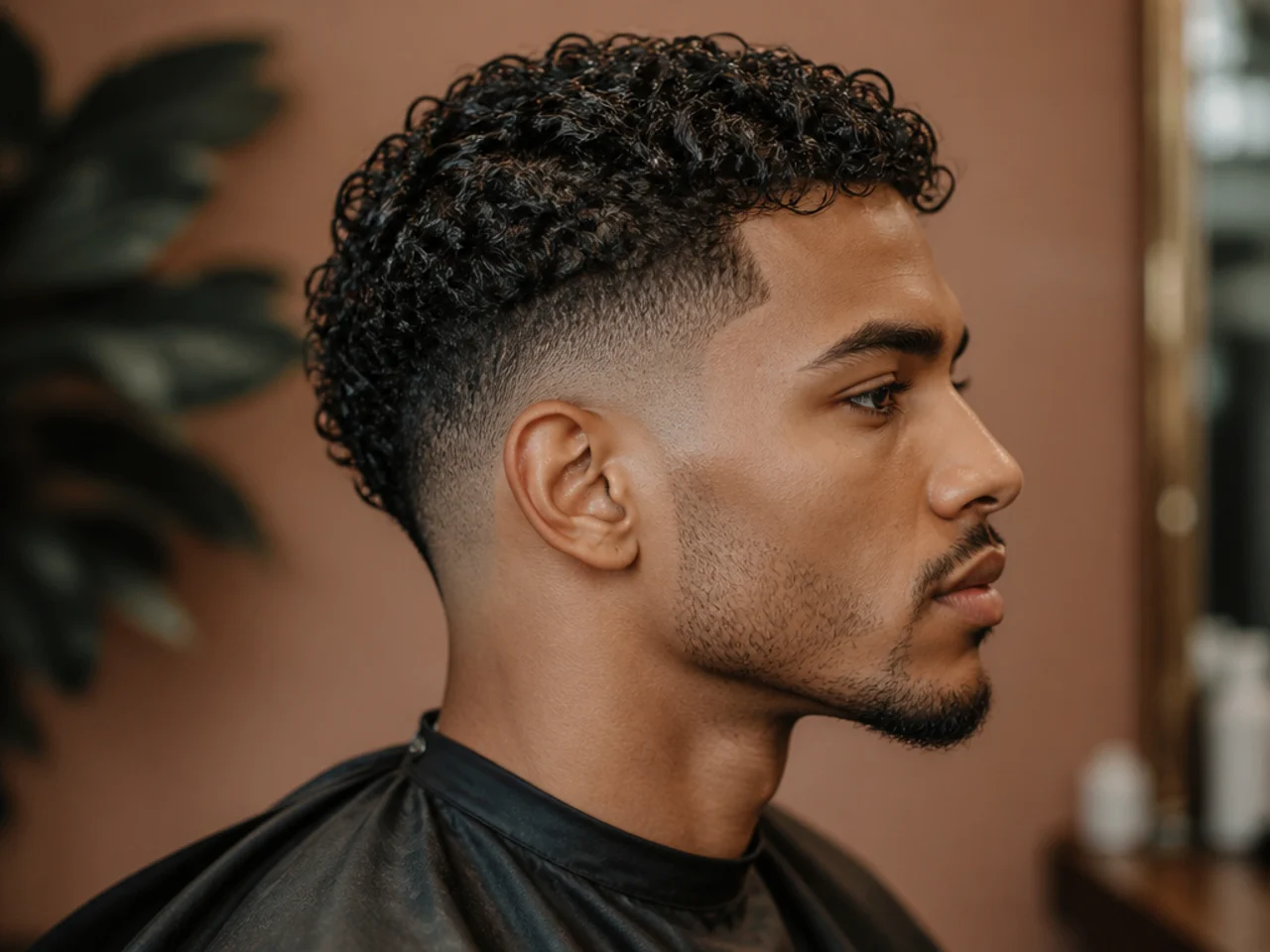 Black man with two inches of glossy hyper-defined 3C curls styled with curl gel for wet-look shine and a low skin fade at the sides