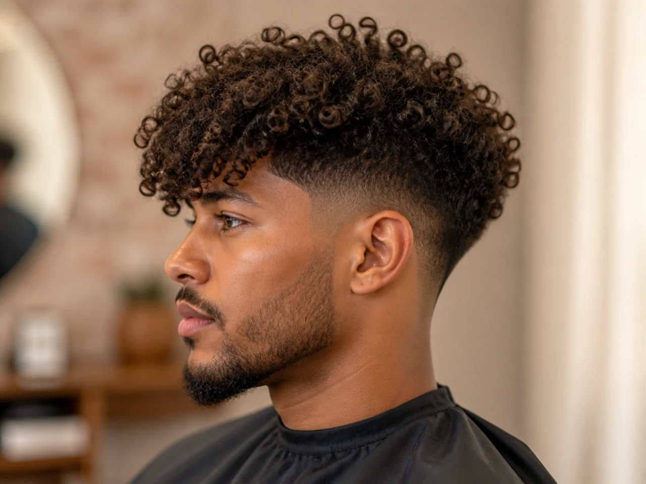 Black man with three inches of 3C curls on top and the front pieces left long enough to fall past the brows as a soft curly fringe with a drop fade at the sides