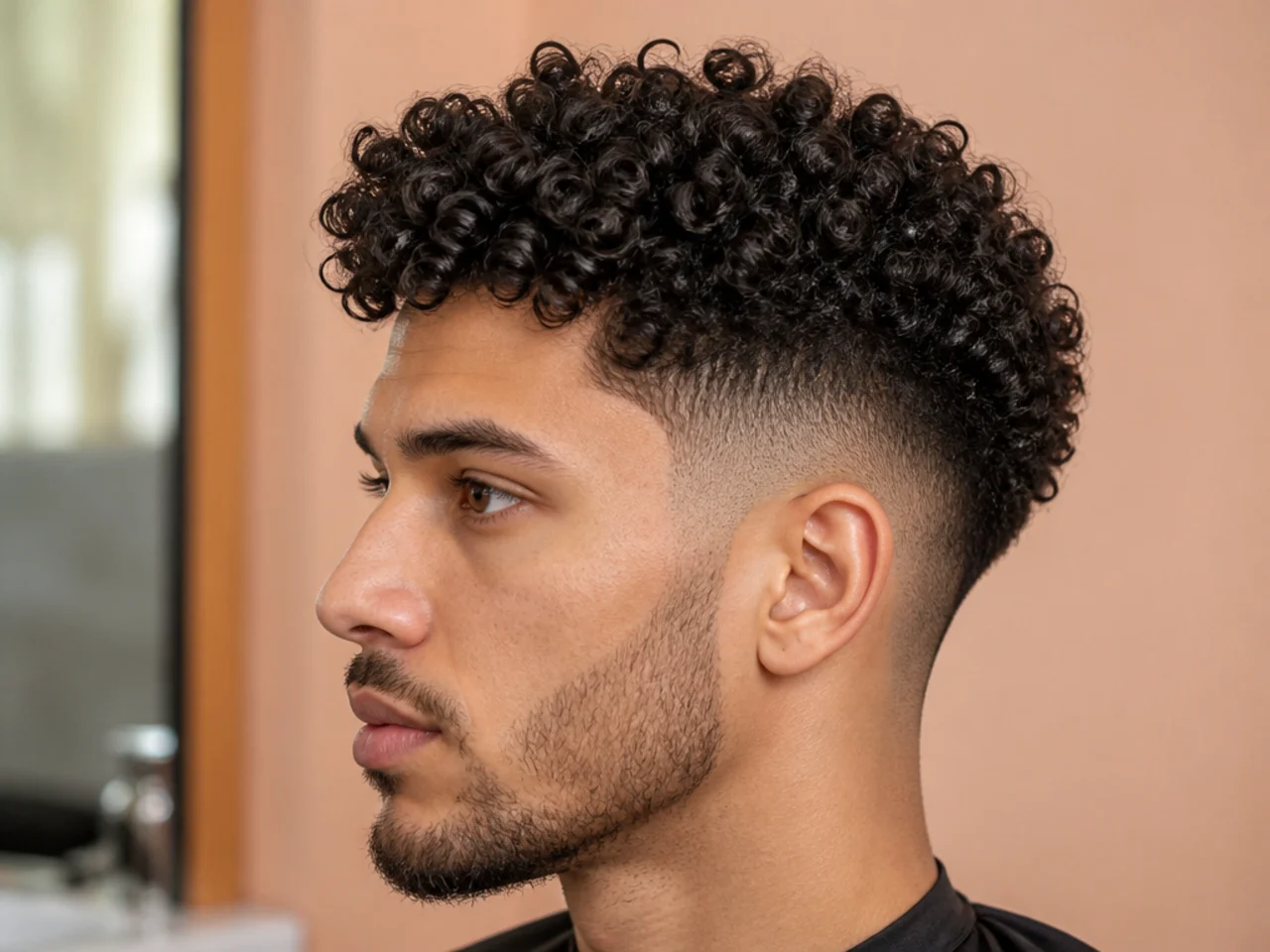 Black man with three inches of loose bouncy 3B corkscrew ringlets on top and a low skin fade at the sides