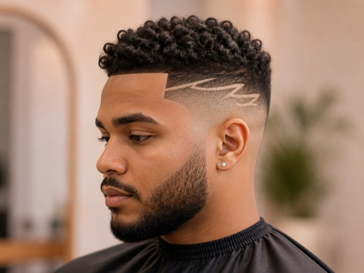 Black man with two and a half inches of 4A curls on top and a razor-etched design along the temple with a mid skin fade