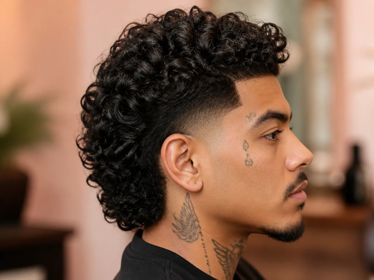 Black man with three inches of 3C curls on top a longer curly nape section and a low fade around the sides