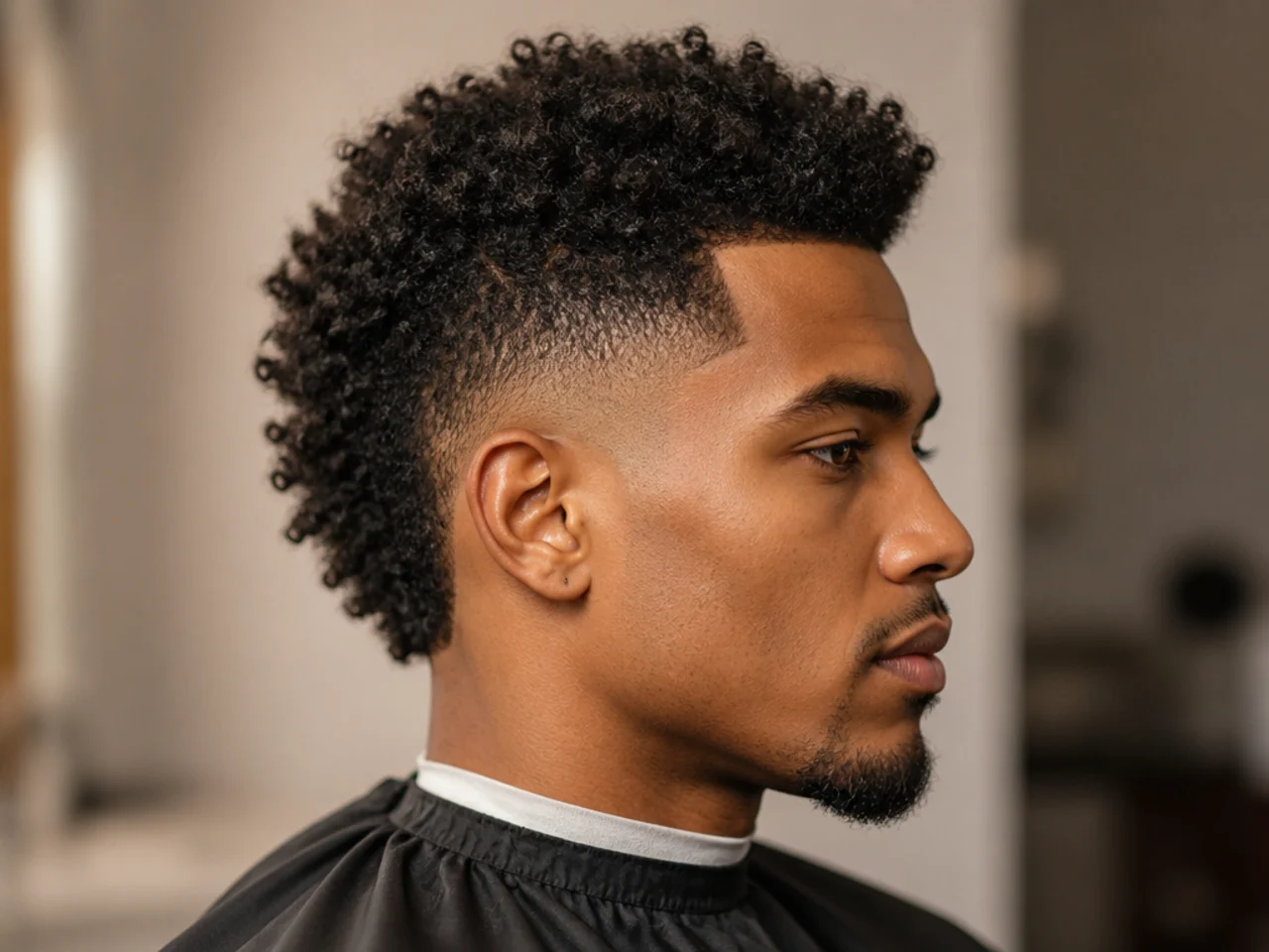 Black man with two and a half inches of 4B sponge-coil texture down the center of the crown for a mohawk shape and a burst fade around each ear