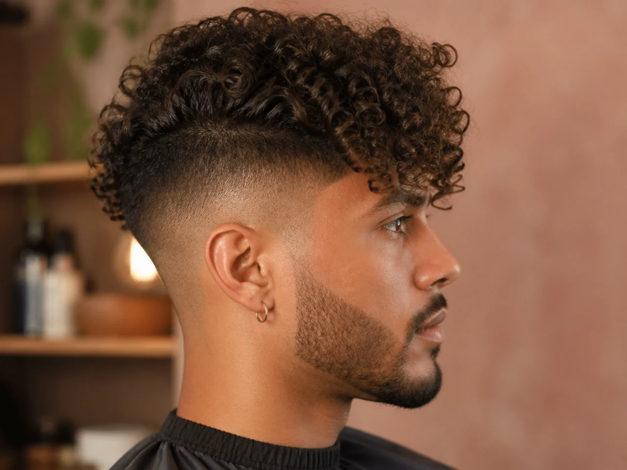 Black man with four inches of loose 3B or 3C curls on top and a hard undercut with clippered sides for extreme contrast
