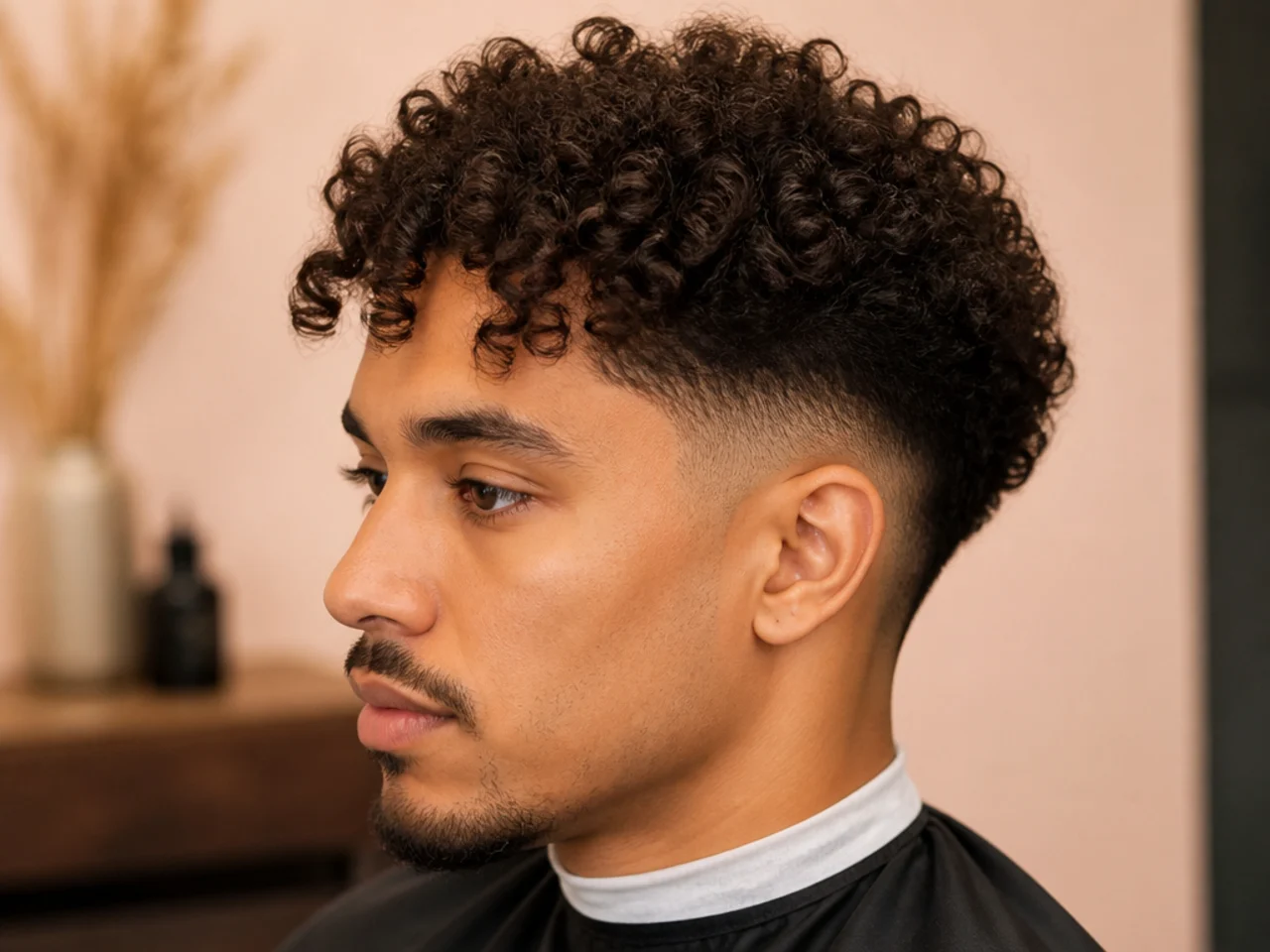 Black man with two and a half inches of 3C curls on top and the front piece styled forward and curled into a comma shape with a drop fade at the sides