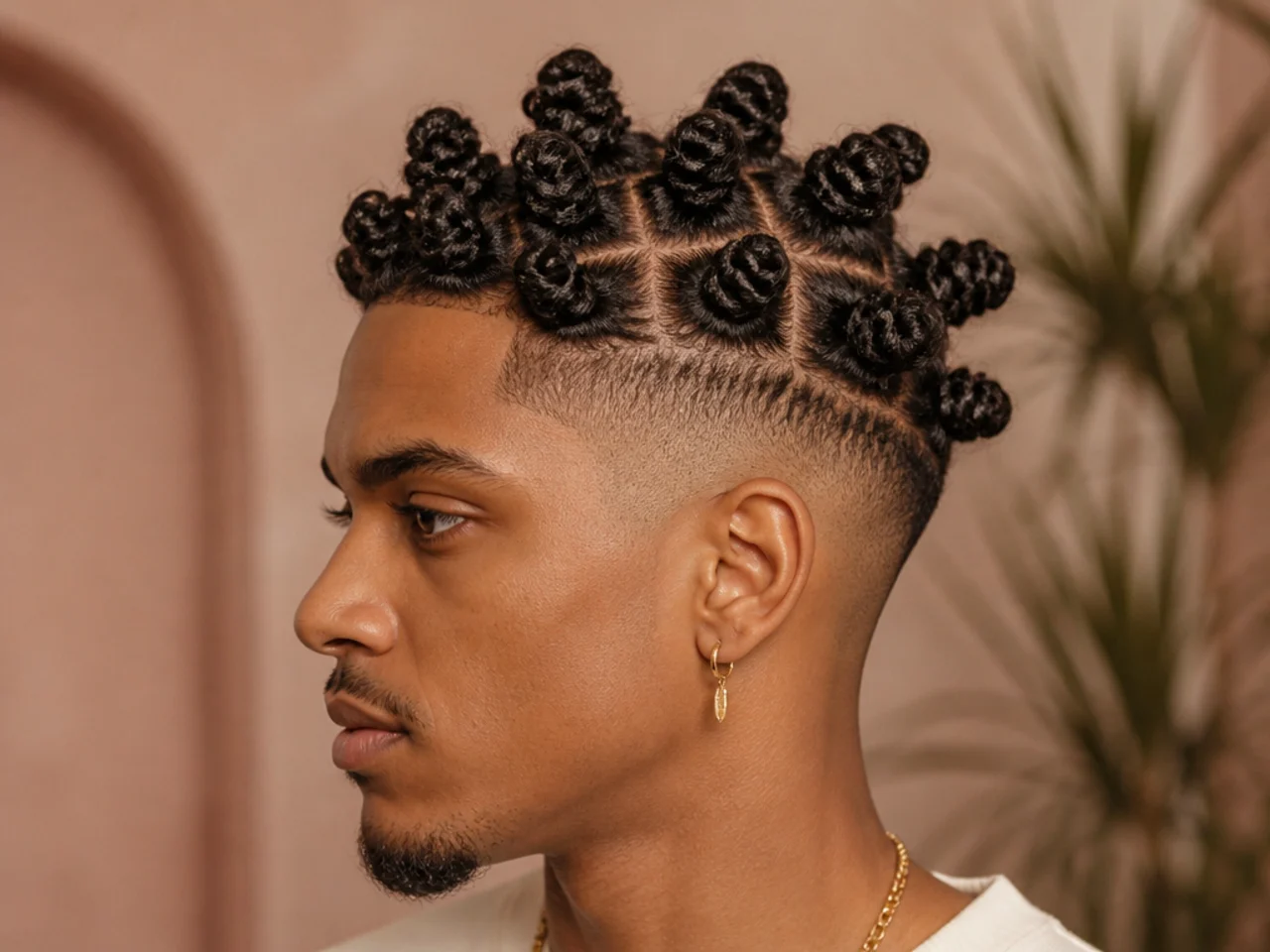 Black man with a row of small bantu knots twisted along the crown of 4A hair with a low skin fade at the sides