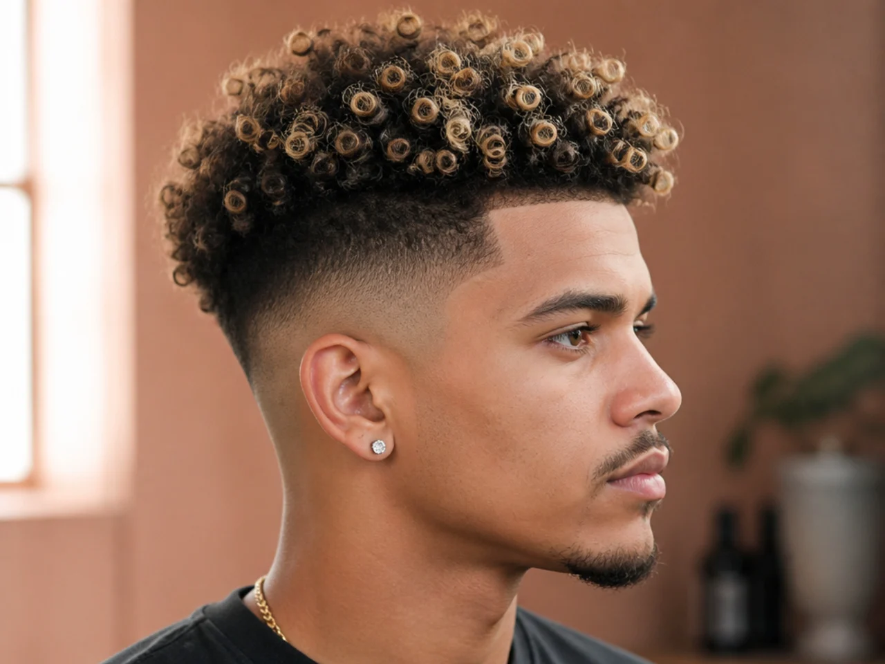 Black man with two and a half inches of 3C curls on top featuring lightened blonde tips over dark natural roots and a high fade at the sides