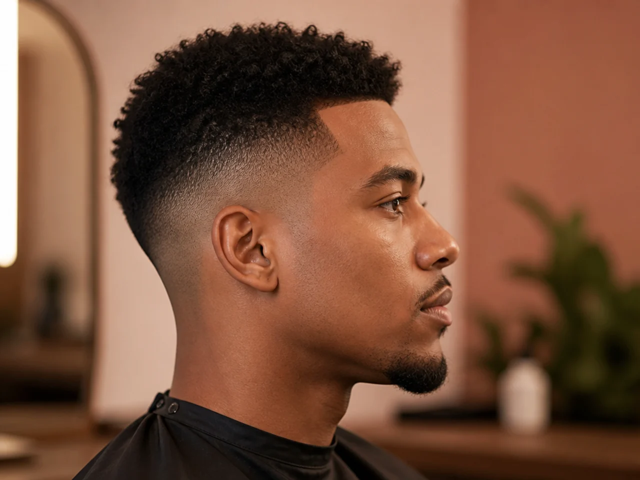 Black man with a two-inch shaped mini afro on 4B coils and a high skin fade dropping aggressively from the parietal ridge