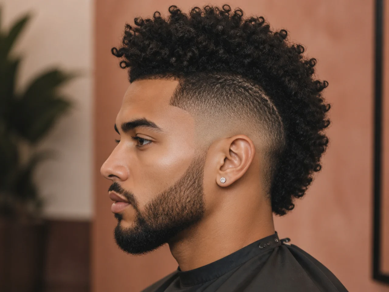 Black man with a four inch shaped frohawk of dense 4A curls narrowed at the temples and a burst fade curving around each ear
