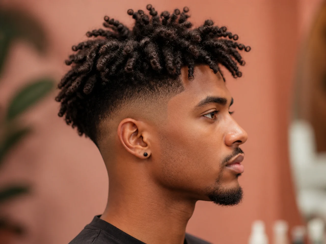 Black man with two and a half inches of 4A twist-out on top showing defined elongated S-coils and a clean mid skin fade at the sides
