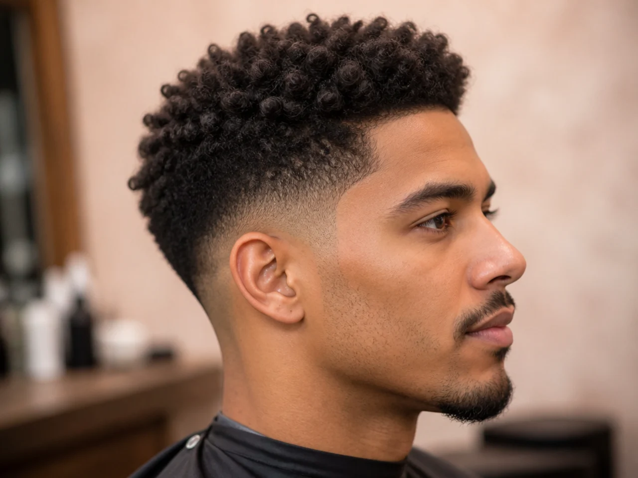 Black man with dense 4B sponge coil top and a low skin fade at the sides