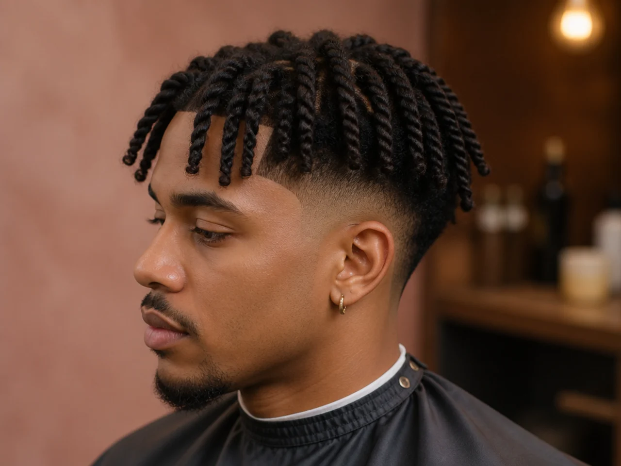Black man with defined two-strand twists on the crown of 4A hair worn in for over a week and a low drop fade arcing behind the ear