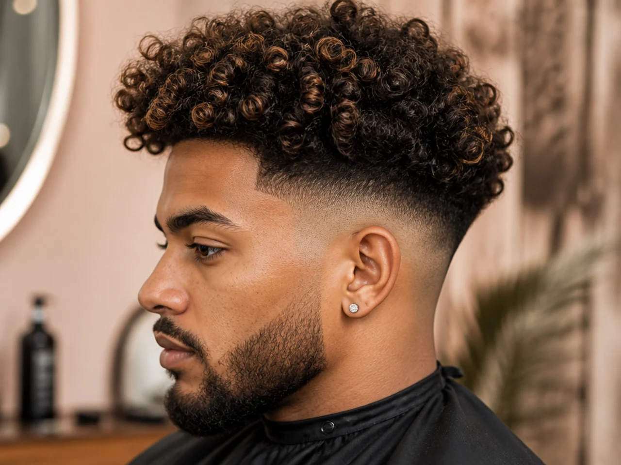 Black man with three inches of 3C hair blown out to full expanded curly volume and a mid skin fade at the sides