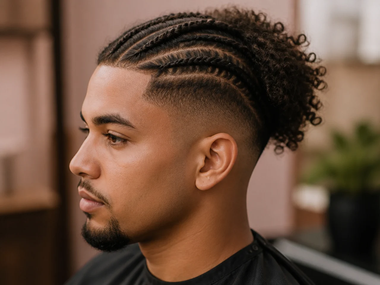 Black man with three cornrows braided across the front of the crown and two inches of loose 4A curls at the back with a high fade