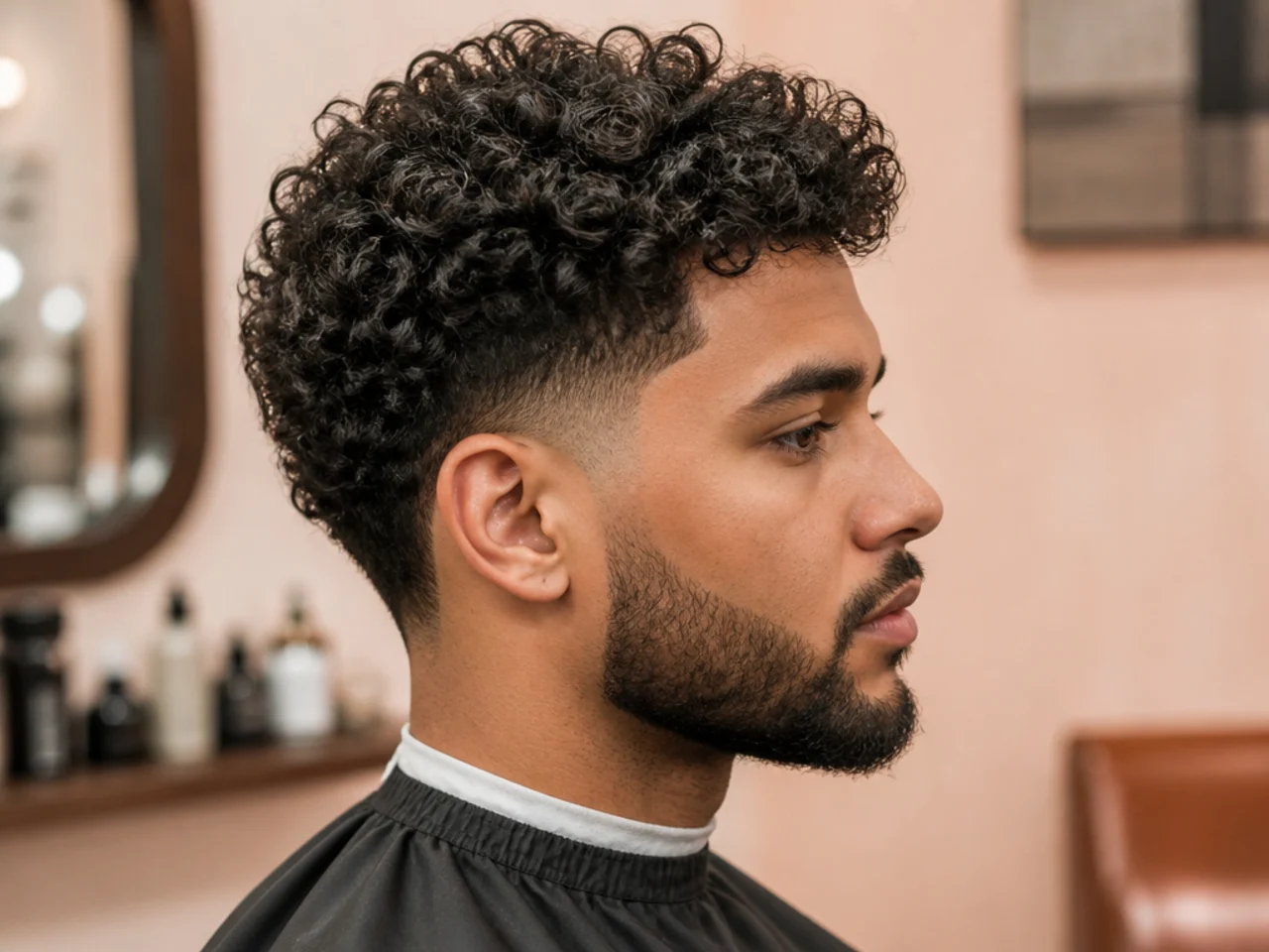Black man holding a phone with a reference photo of a curly haircut showing it to a Black barber before the cut
