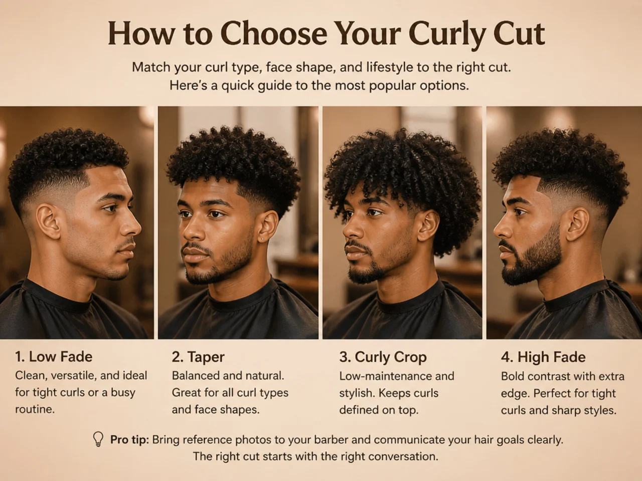 Three Black men side by side showing loose 3C ringlets defined 4A coils and tight 4C coily texture each with a different perimeter finish