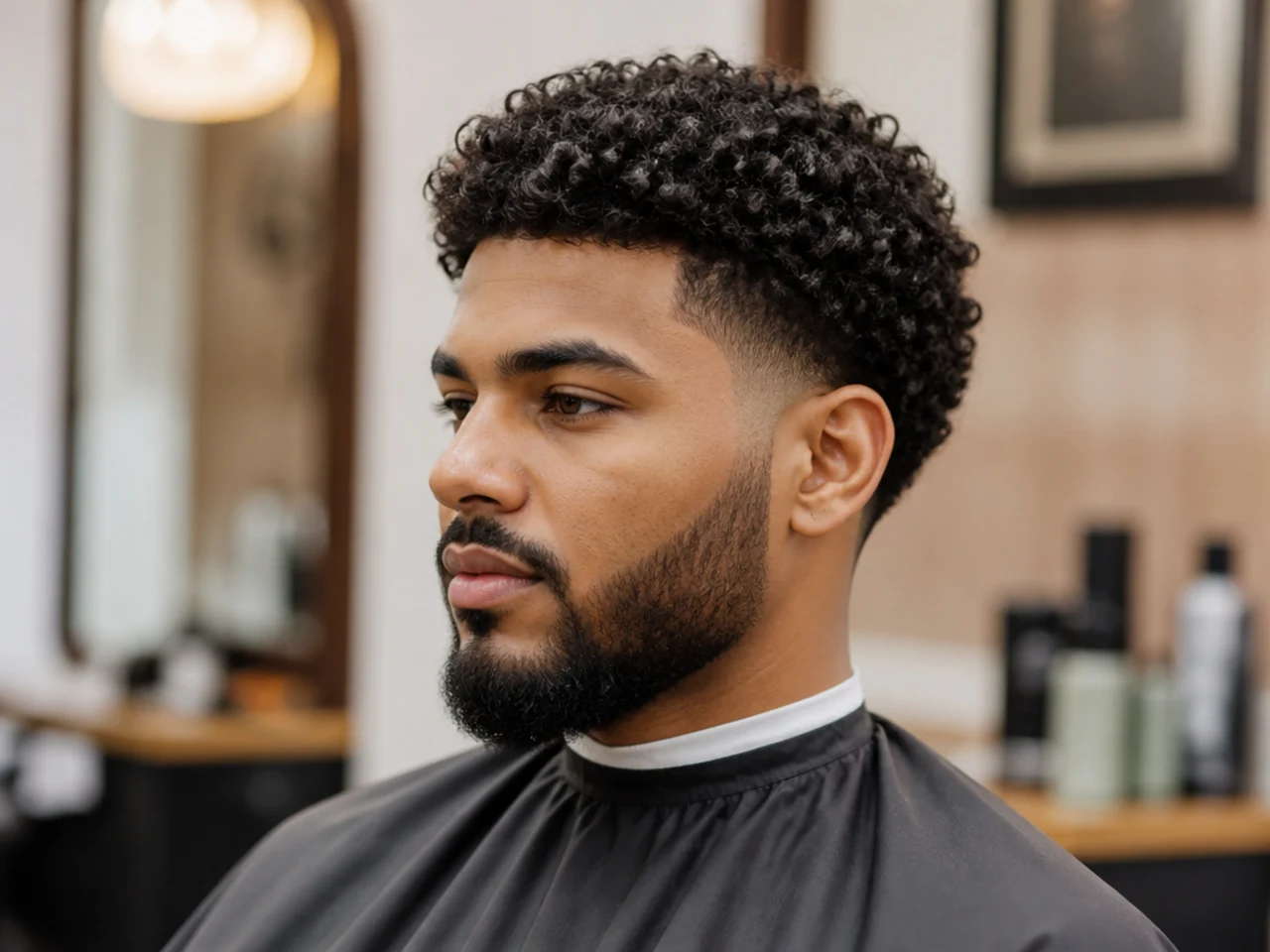Curly hair styling essentials for Black men laid out flat — sulfate-free shampoo curl cream curl gel wide-tooth pick boar-bristle brush satin bonnet and light oil