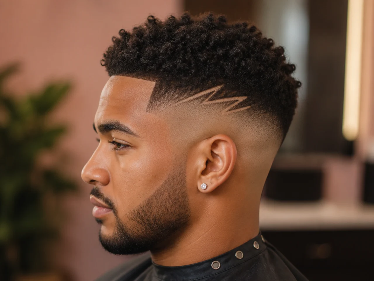 Detailed razored line design at the temple on a short textured top with a clean mid skin fade