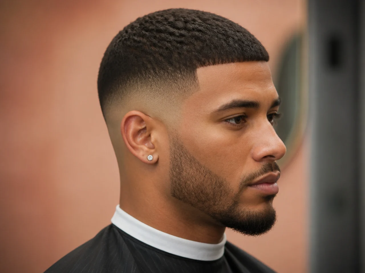 Textured caesar cut with straight fringe on a Black man with a clean mid skin fade at the sides