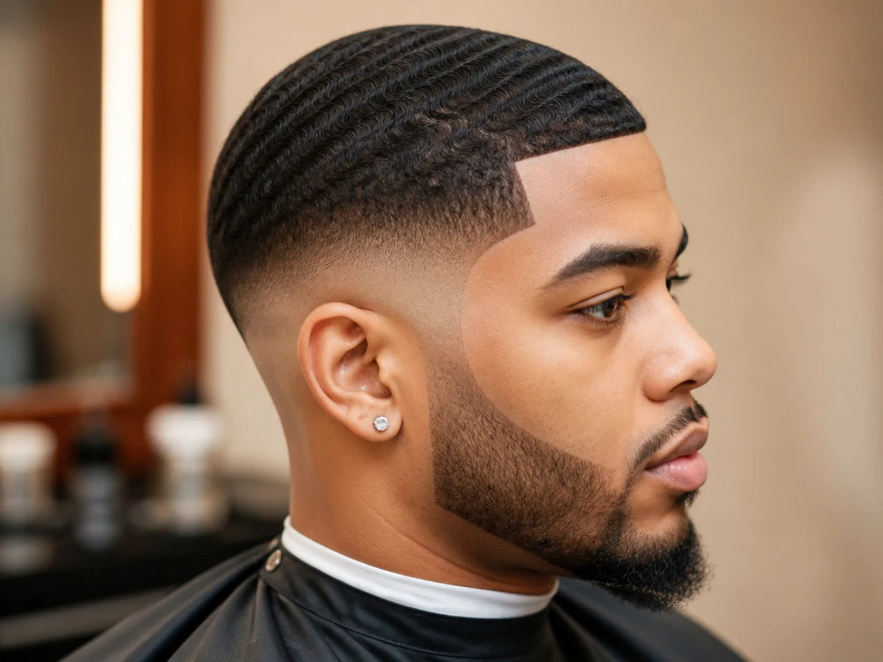 Deep 360 waves on a #2 top with a clean bald fade at the sides and an ultra-sharp razor line-up at the forehead