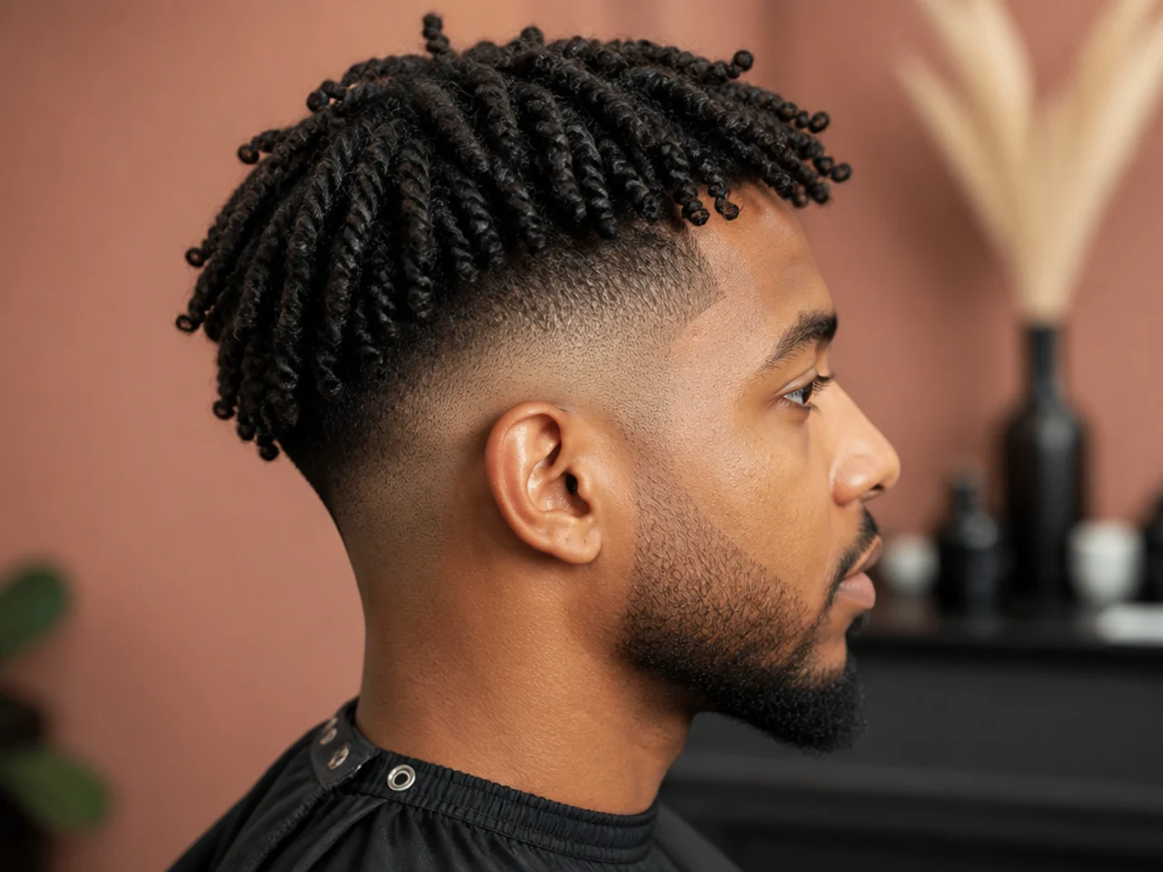 Short defined twist-out coils on a one-and-a-half-inch 4A top with a clean mid skin fade at the sides