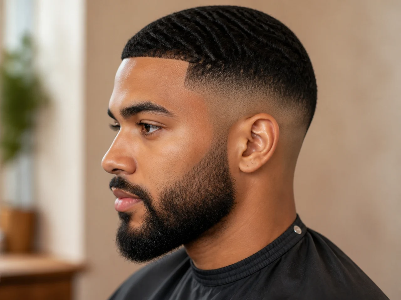 Short brushed 360 waves on a #1.5 top with a low skin fade and a matched short beard on a Black man