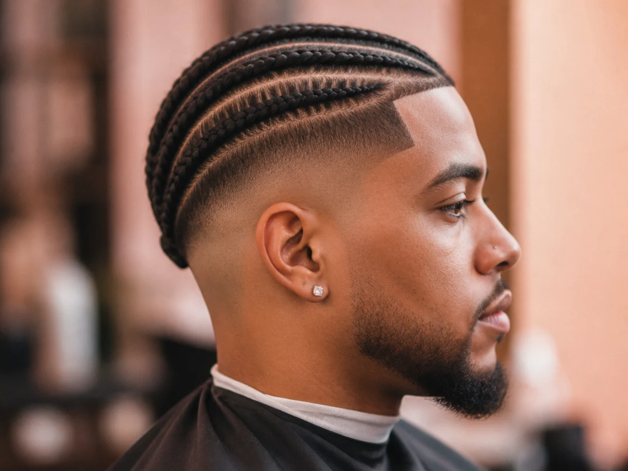 Short cornrows braided straight back on a two-inch 4B top with a drop skin fade curving around the ear