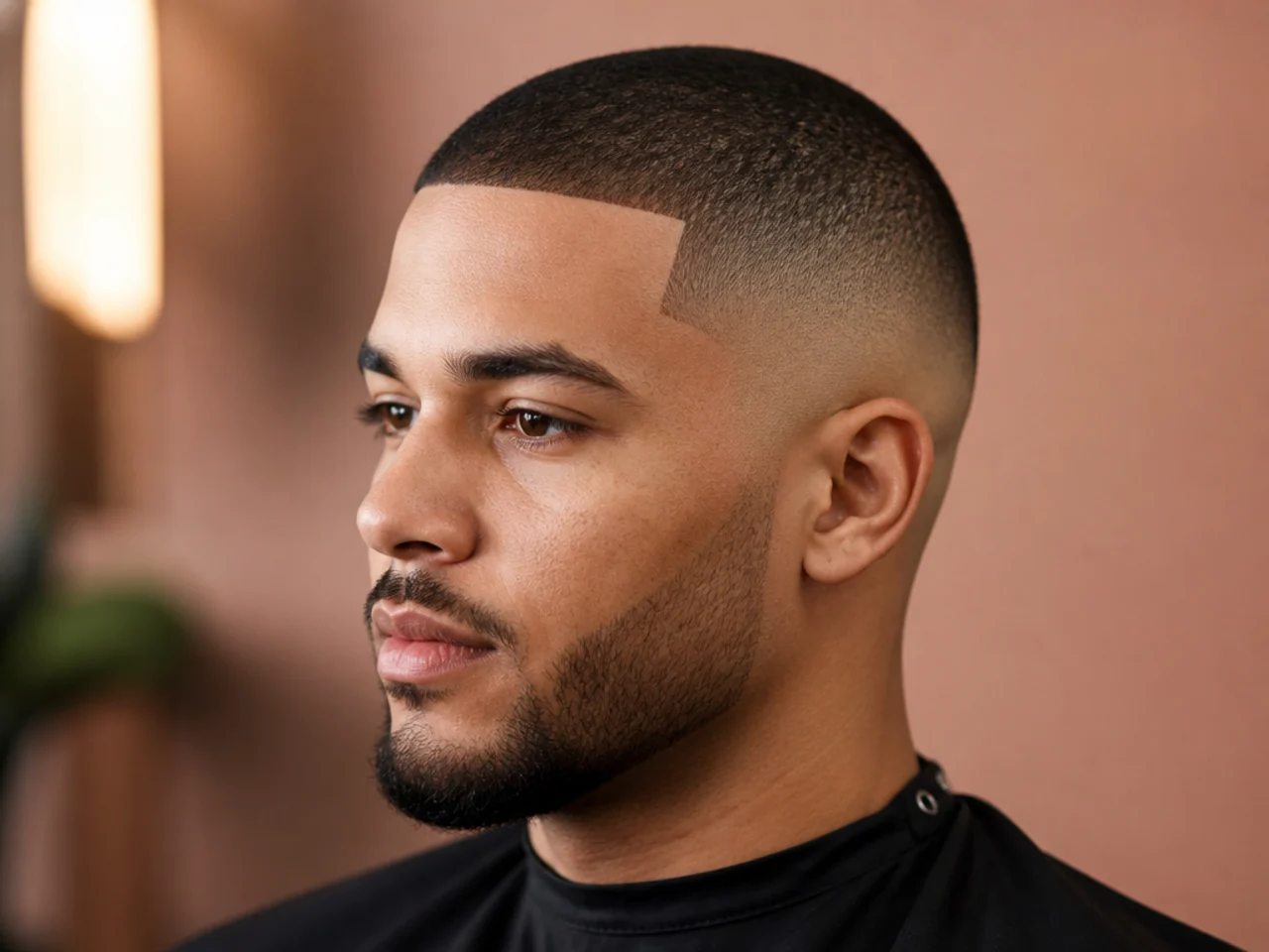 Very short buzz top with a low skin fade and an extremely sharp straight-razor line-up at the forehead and temples